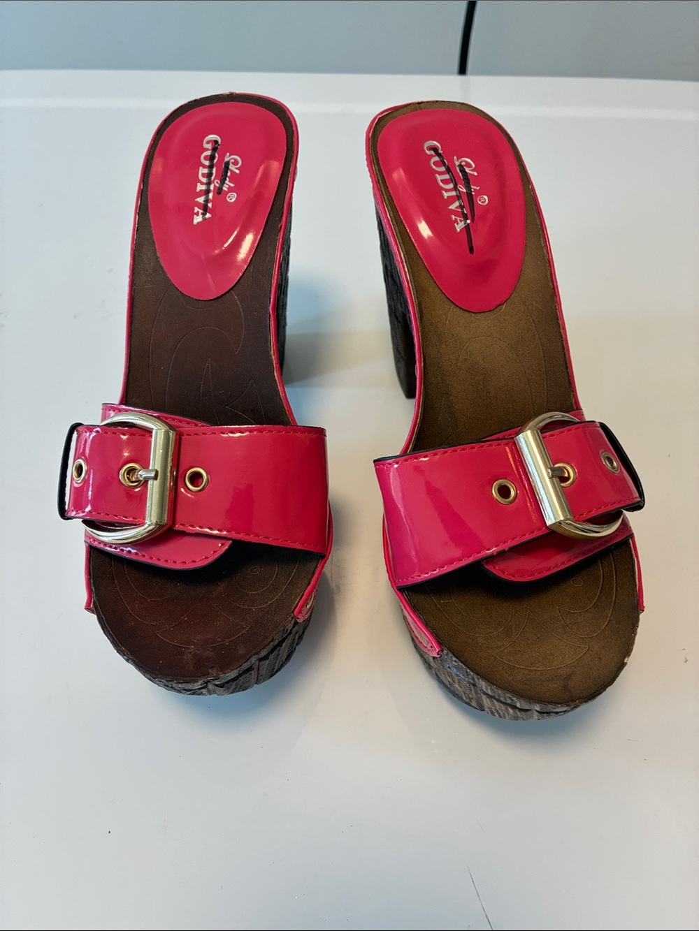 Women's Pink Patent Buckle Wedge Sandals clogs size 6